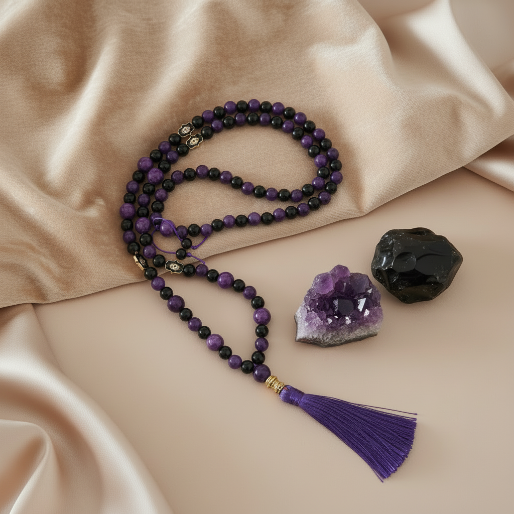 Produto com pedras de obsidiana e ametista sobre fundo bege
